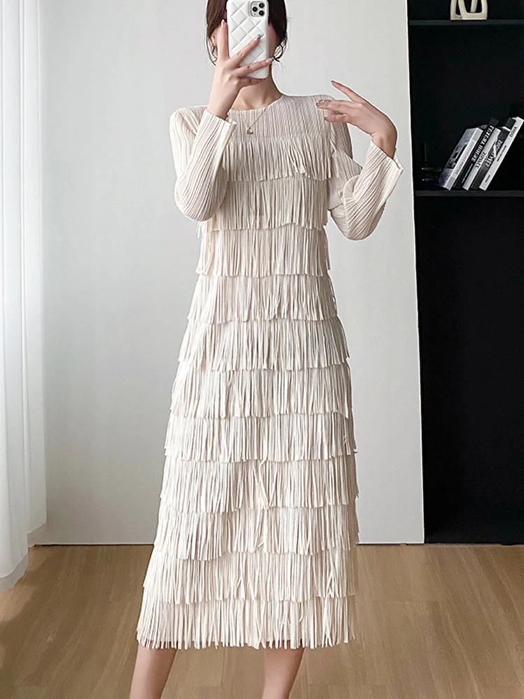

Premium Pleated Women's Dress Spring New Style Ageless Tassel Cake Skirt Commute Style Slimming Polyester Fiber Long Sleeve