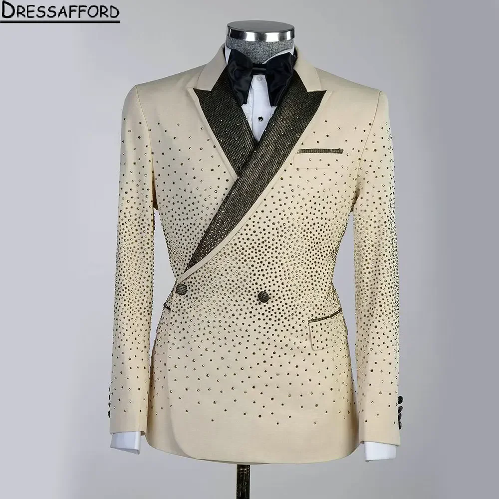 Champagne due pezzi abiti da uomo splendido Blazer da sera in cristallo da sposo (giacca + pantaloni)