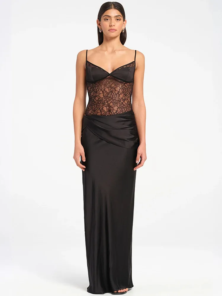 Apprabant Sheer Lace Patchwork Satin Split Slip Maxi Dress Sexy Cut Out V-Neck Backless Slim Evening Strap Long Dress Partywear