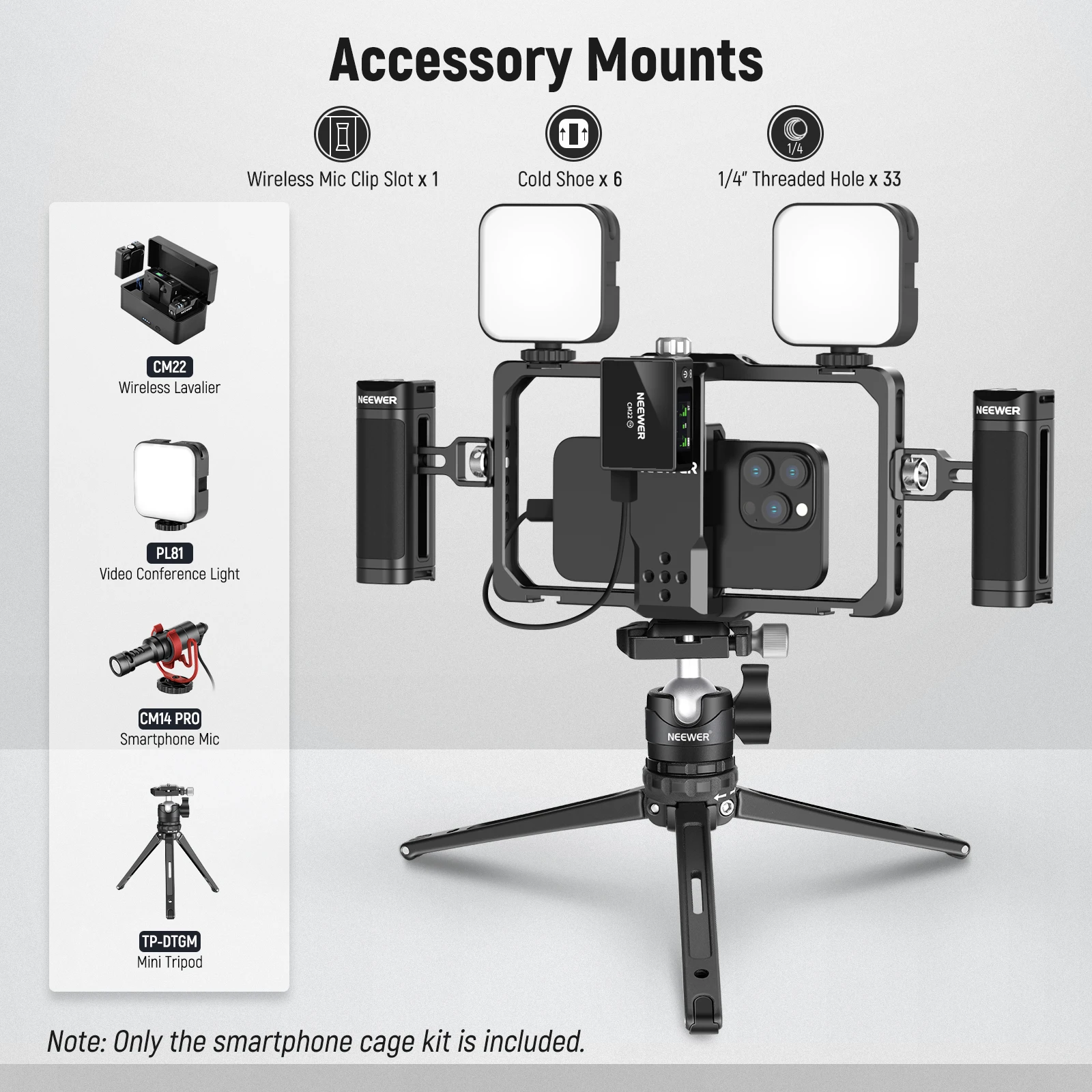 NEEWER Phone Rig Vlogging Kit stabilizzatore Video con Clip microfono Wireless a doppia maniglia per iPhone 15 14 Pro Max 13 Pro Max Galaxy S23