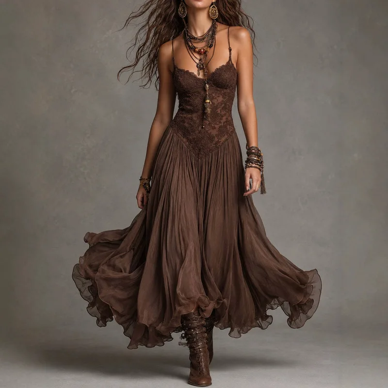 Vintage Boho Women Lace Patchwork Long Dress Sling V Neck Slim Bust Ruffle Hem Flowy Sundress Travel Evening Party