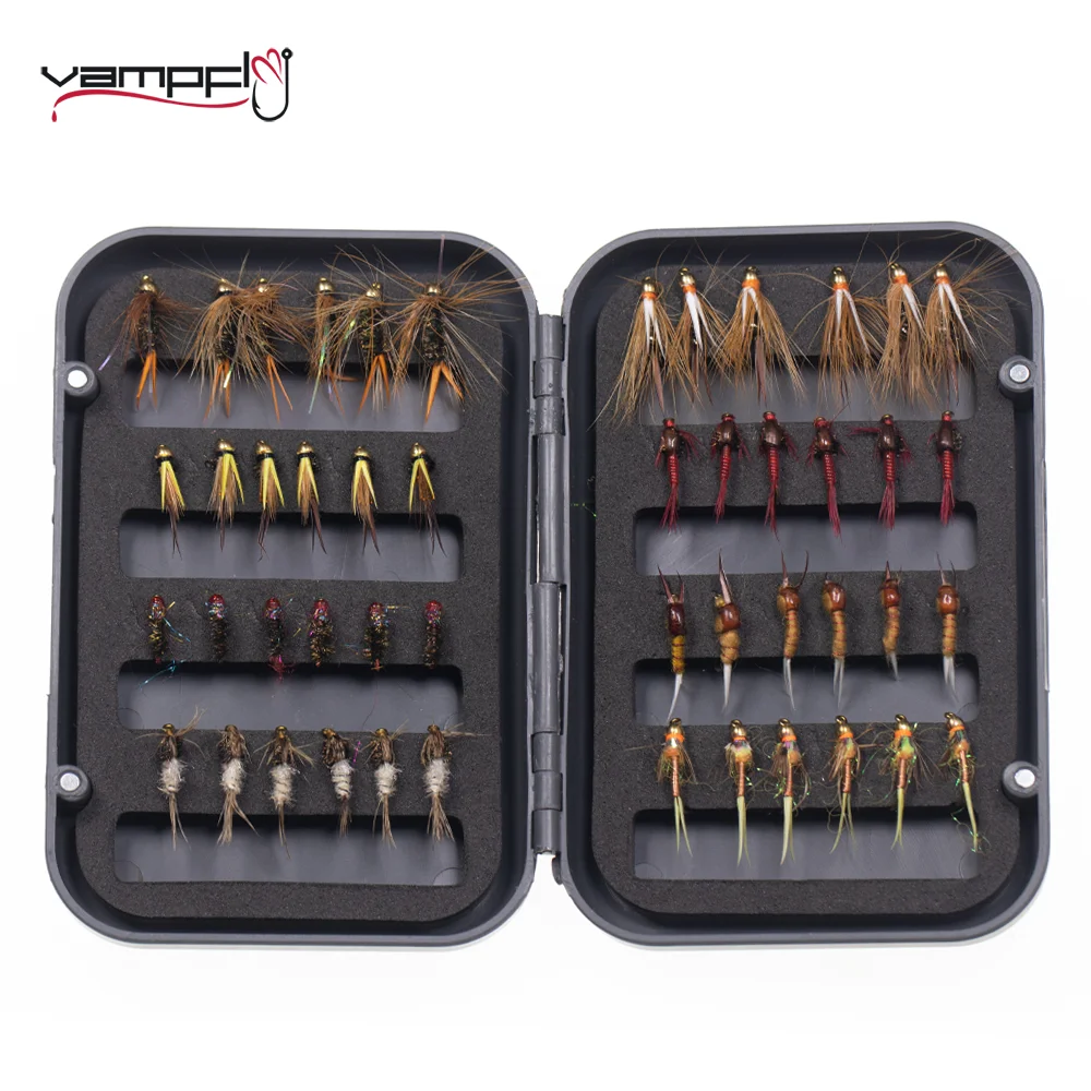 

Vampfly 48pcs Fly Set Box Bead Head Copper John Nymph Caddis May Fly Nymphs Dry Flies With Fly Box For Trout Fishing Lure Bait