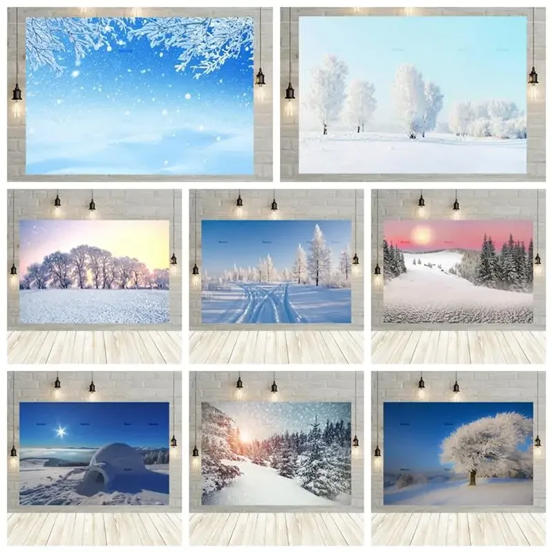 

Winter Snow Aurora Sky Scene Photography Background Forest Tree Baby Portrait Studio Decoration Background Photo Studio Pine