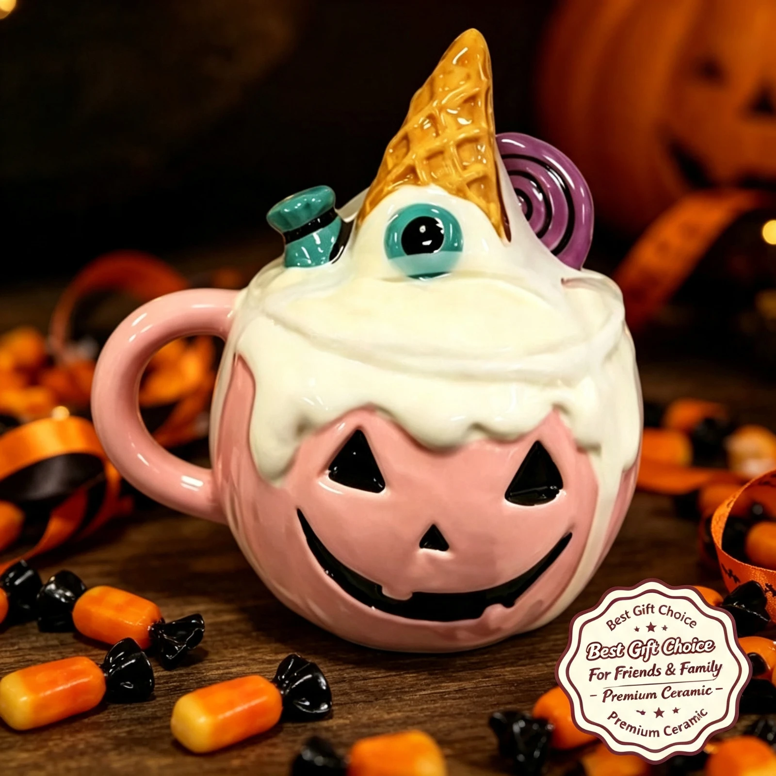 15cm Ceramic Halloween Ghost Figurine, Witch Hat Pumpkin Cute Home, Tabletop Decoration Party Ornaments Gifts, for Kids Adults
