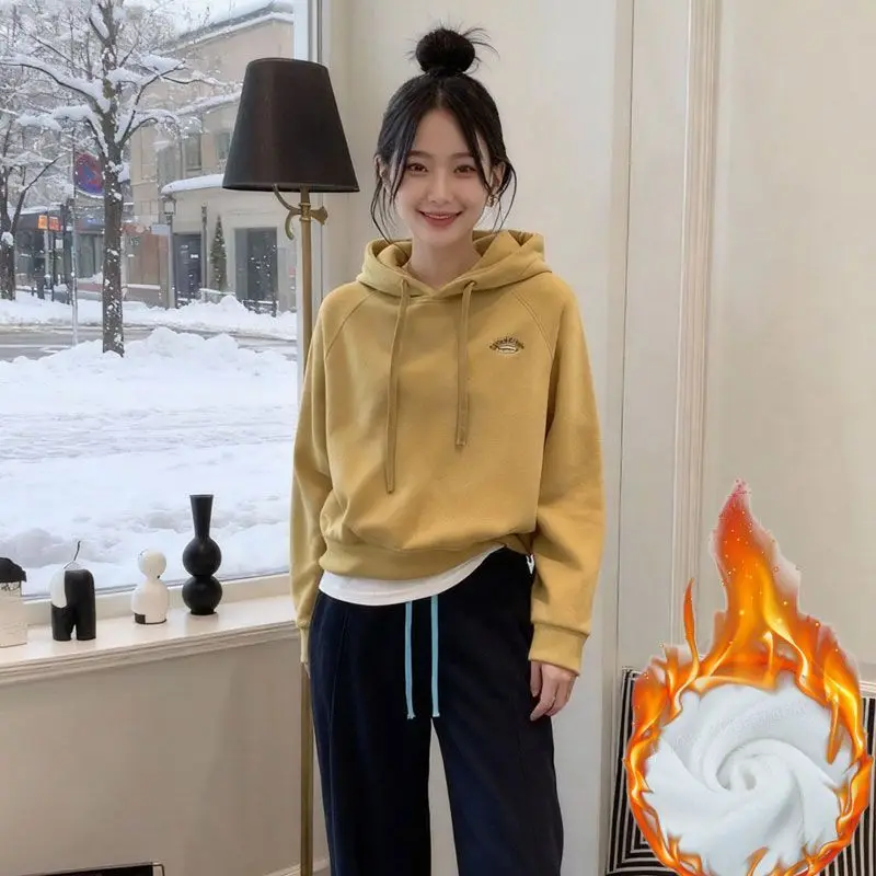 Sudadera con Capucha para Mujer, Otoño Invierno, Nueva, Forro Polar, Cálida, Bordada, Manga Larga, Talla Pequeña
