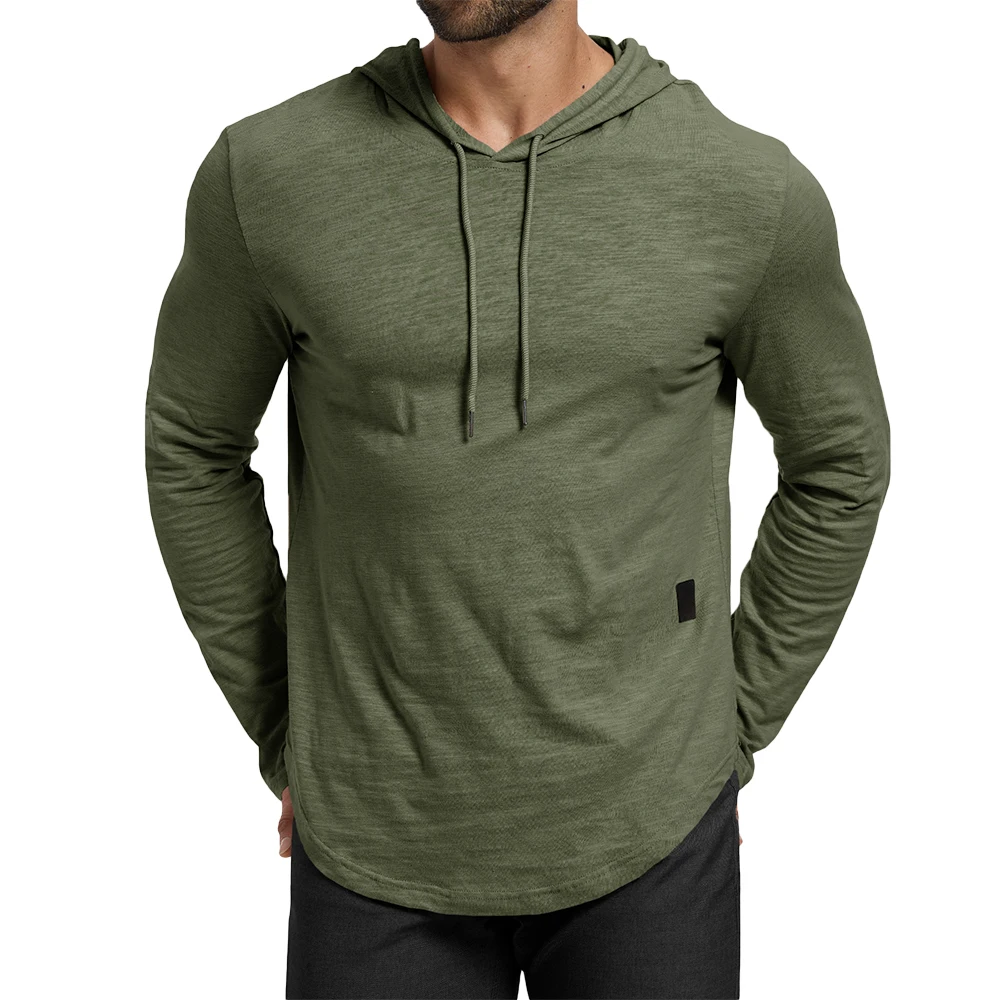 Frühlings-Herren-Baumwoll-T-Shirt mit Kapuze, Einfarbiges Casual Slim Fit Design, Schlichter Stil, Langarm-Oberteil für Männer, Atmungsaktiv