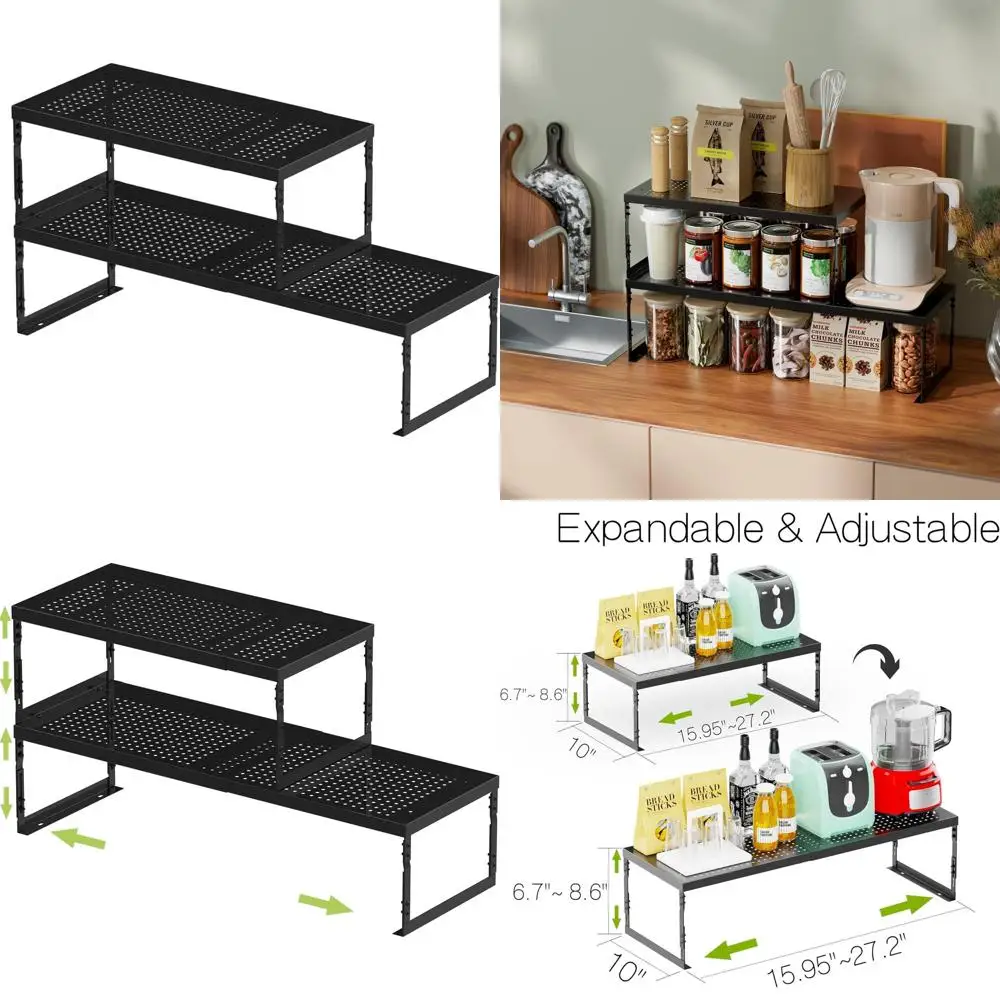 

Expandable Metal Storage Rack - Stackable Wire Organizer for Kitchen, Pantry, Bathroom, and Office - Large, Black