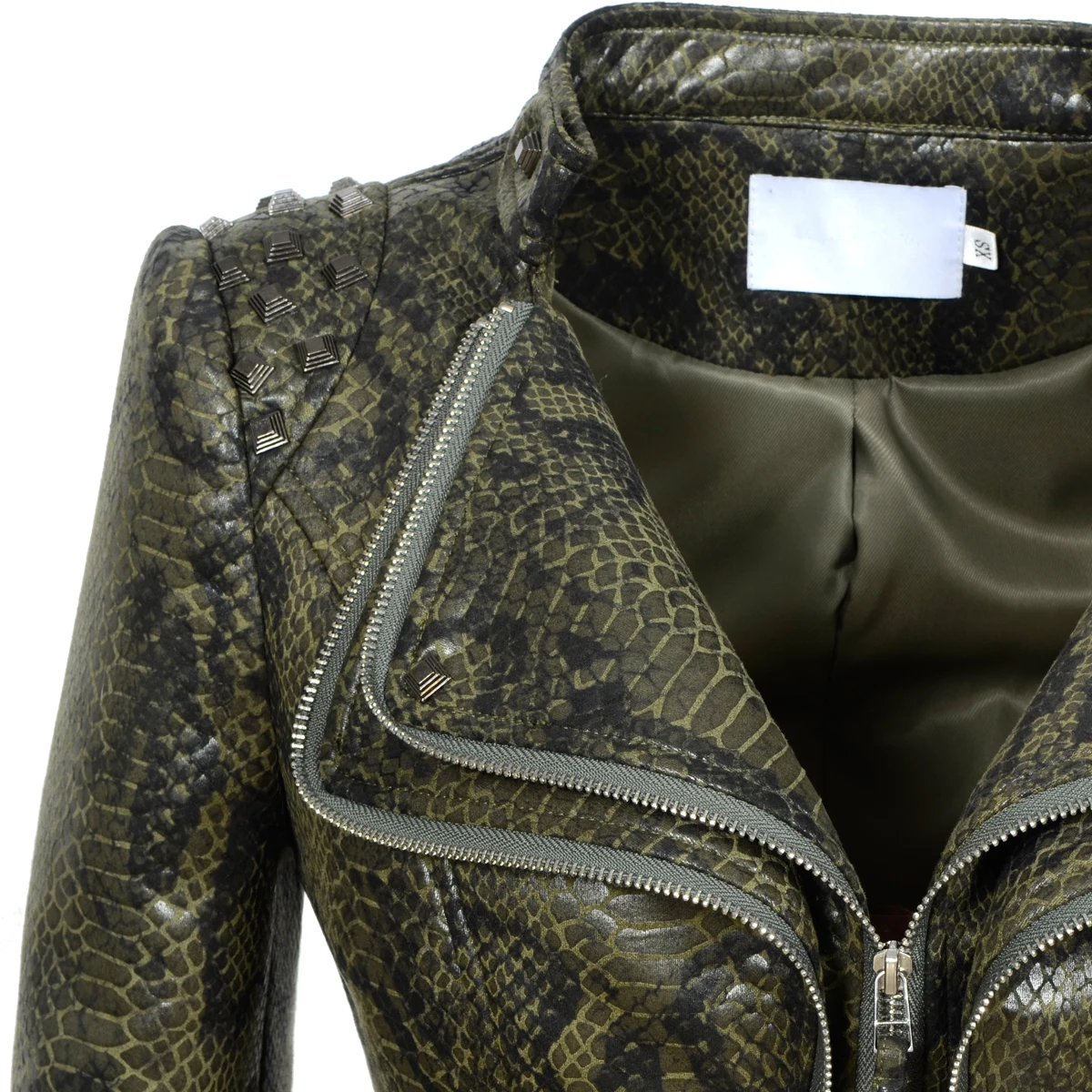 Snake Skin Print PU Women's Winter Jacket Stand Collar Zipper ClothesFashion Casual Pattern Coats Faux Leather Motocycle Top