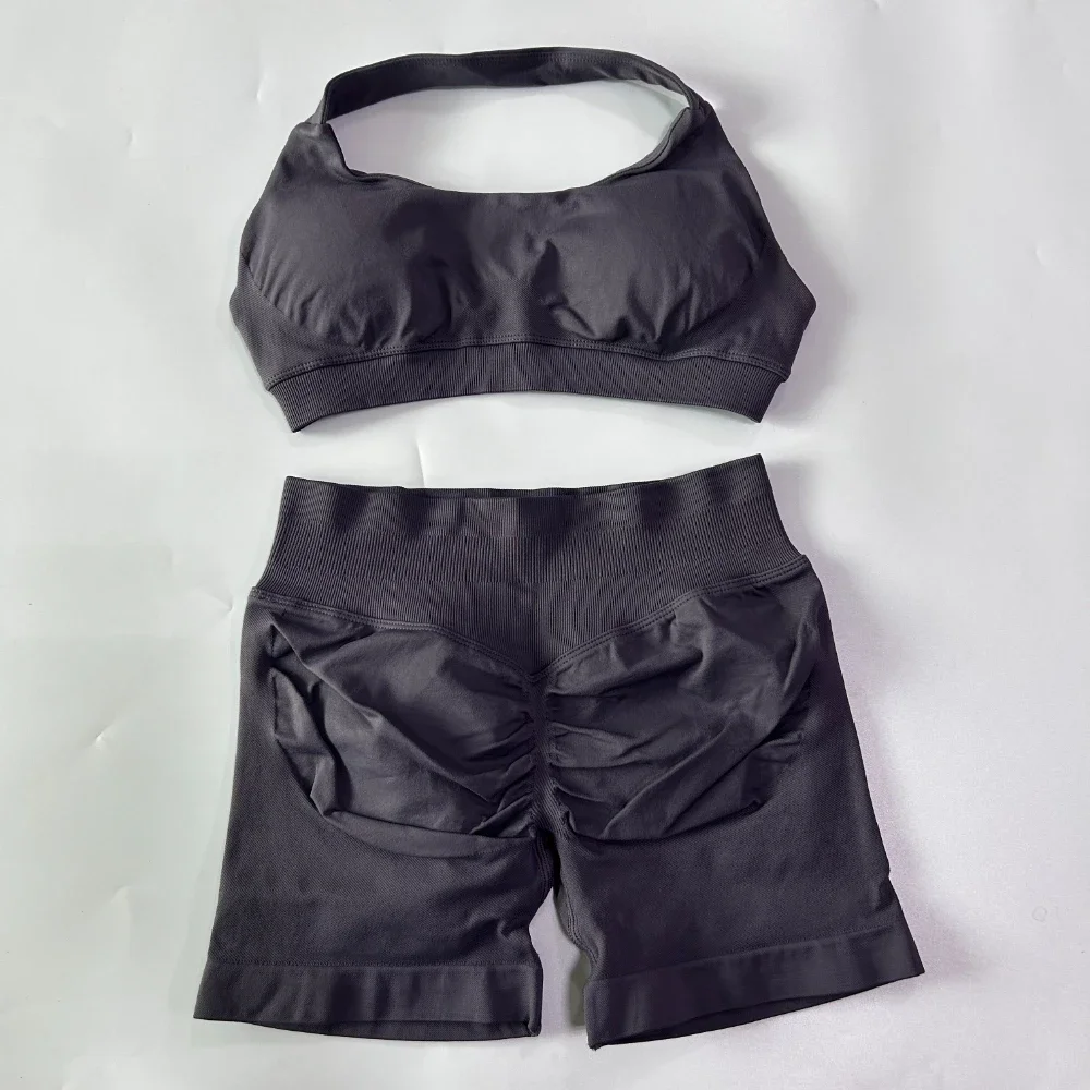 2 Pieces Set Women Seamless Yoga Set Workout Sets Halter Sports Bra Scrunch Shorts Gym Suit Fitness Clothes Sportswear