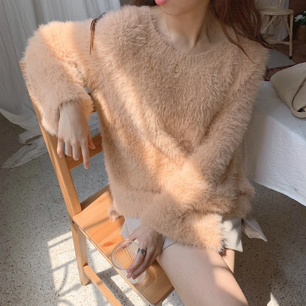 2024 Women Autumn Winter Elegant Khaki Mink Cashmere Sweater Warm Full Sleeve Round Collar Thick Loose Knitted Pullover Jumpers