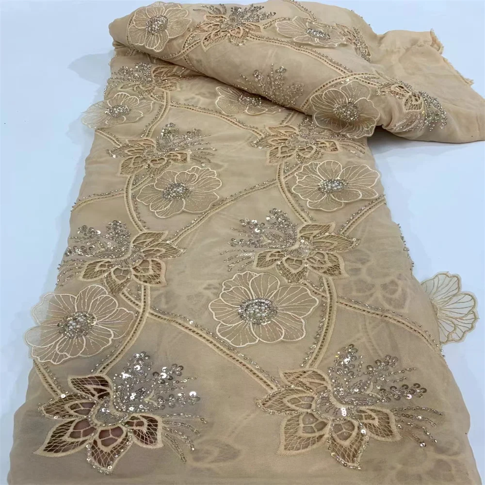 Tela de encaje francés para coser vestidos de novia, tejido africano de lujo con cuentas de lentejuelas 3D, flor nigeriana de alta calidad para fiesta de boda, novedad de 2024