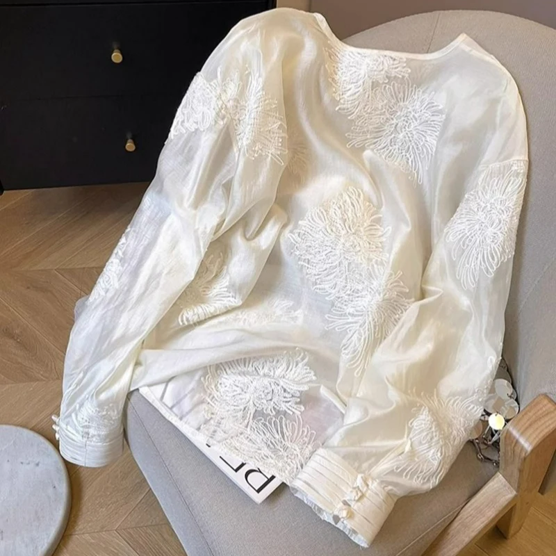 New Chinese Style Embroidered Crew Neck Blouse Lace Organza Top Women\'s Shirt Spring Summer Elegant Office Lady Long Sleeves