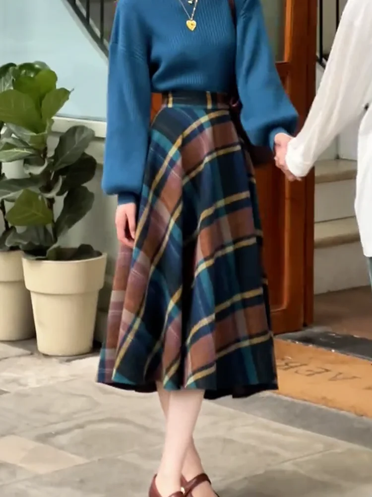 

Женская модная ретро-юбка миди А-силуэта с высокой талией, в клетку, из шерсти, в корейском стиле, больших размеров, для офиса