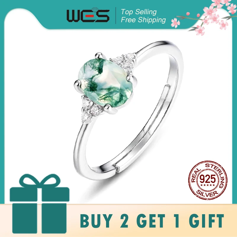 

WES 925 Sterling Silver Natural Moss Agate rings for Woman Classic Oval Cut Open Ring Crystal Ring Engagement Gift Wholesale