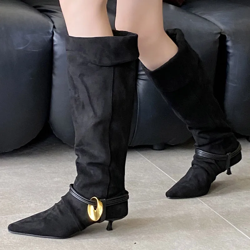 

Aneikeh оранжевый дизайн, стильные женские сапоги до колена с металлической пряжкой и острым носком, модная современная осенне-зимняя обувь на тонком низком каблуке