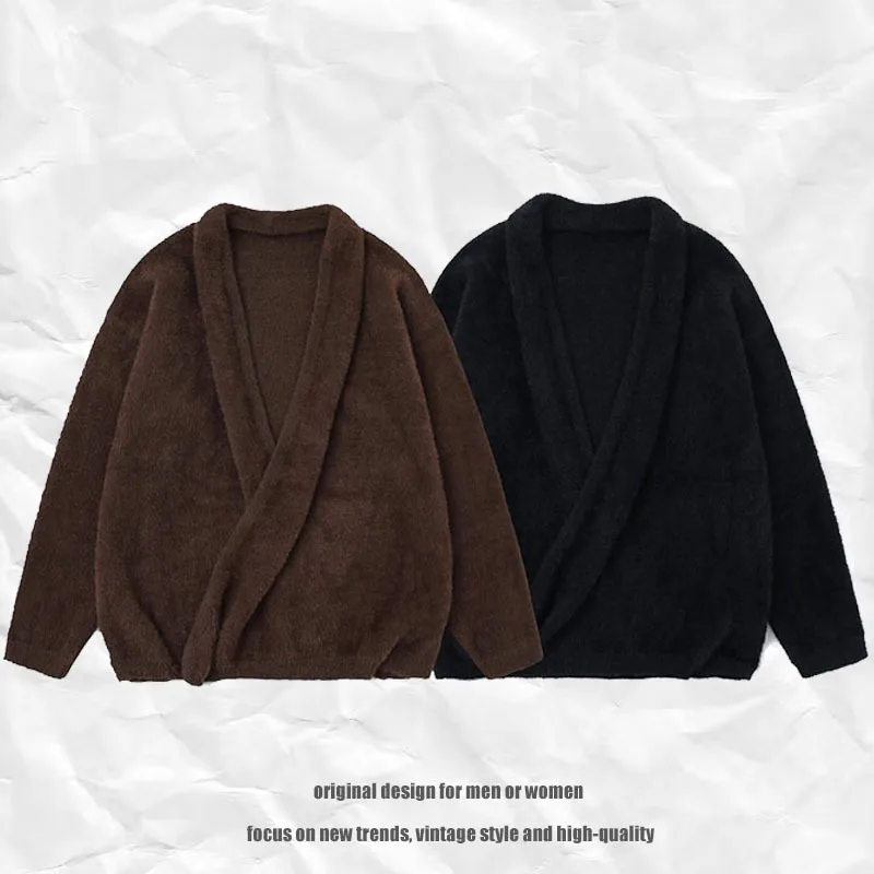 

Тяжелый пуловер с имитацией лисьего пуха, вязаная куртка с перекрестной дверью, сложенный воротник, шелковистый свитер с ленивым ветром для мужчин и женщин в стиле ретро