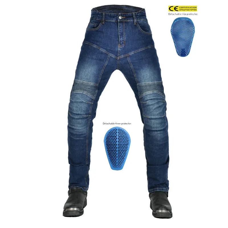 Fashion Men High Waist Straight Stretch Motorbike Riding Jeans Casual Biker Racing Anti Fall Pants With Silicone Protective Gear