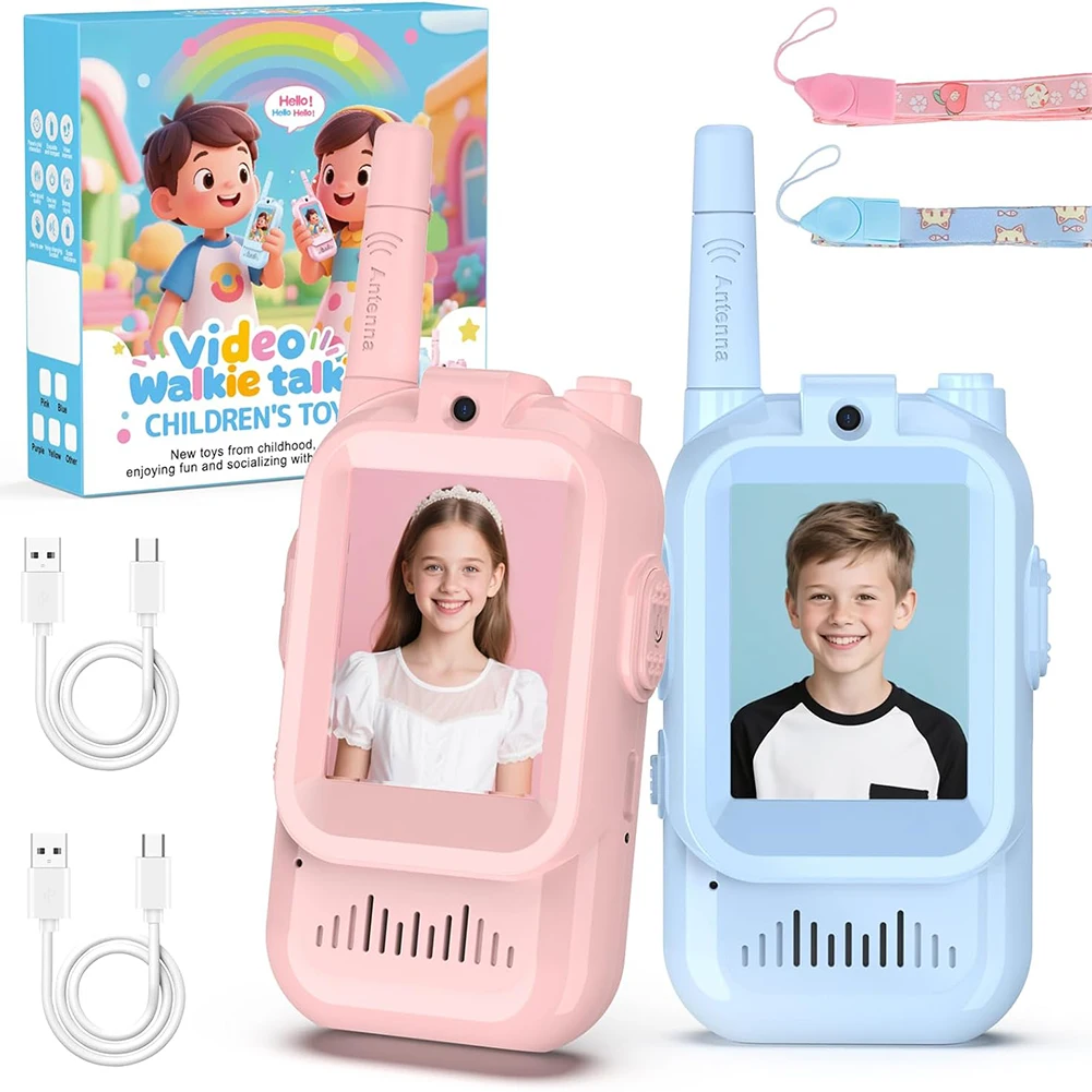 Walkie Talkie Video Mini untuk Anak-anak Biru Pink Lucu Interkom Video Isi Ulang Pengubah Suara Menyenangkan dengan Layar Besar 2.0-inci