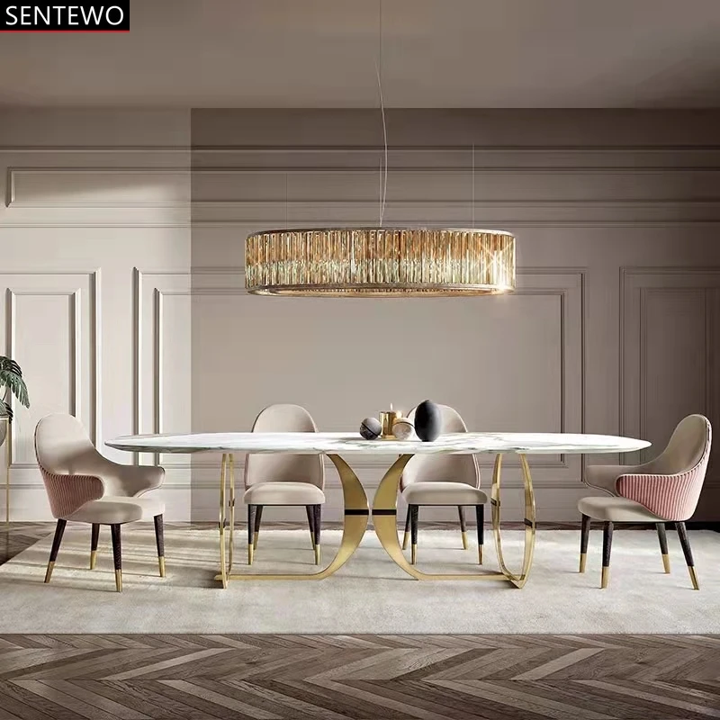 SENTEWO Free Shipping Luxury White Marble Dining Table And Chairs Nordic Golden Dinning Table Set 4 Chairs Stainless Steel Base