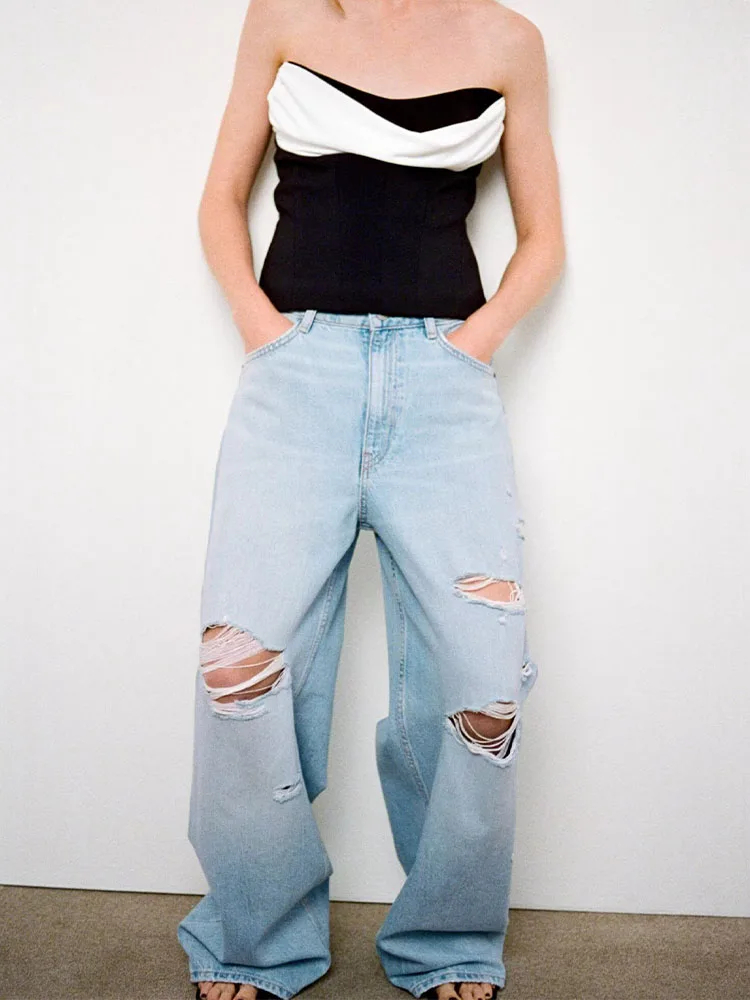 

European and American style spring style versatile slimming ripped decoration fashionable high waist loose jeans