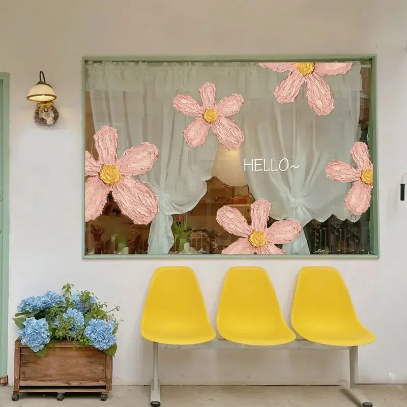 Creative Glass Electrostatic Stickers Waterproof and Anti Collision Shops Glass Door Wallpaper Pink Fresh Flower Window Showcase