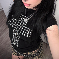 Gothic Punk Rock Hip Hop Women's Short Sleeve T-Shirt Sexy Slim Chic Casual Basics Metallic Decor Crop Tops Y2K Emo Girl Clothes