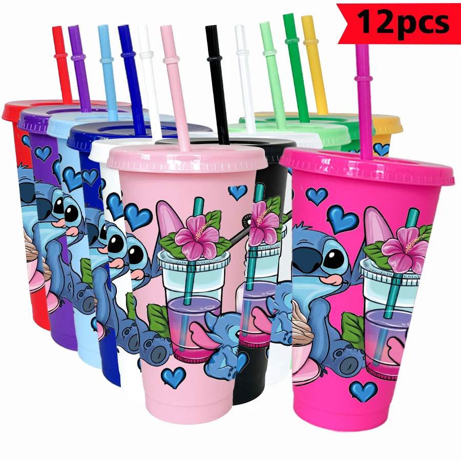

12pcs/lot Disney Stitch Flowers 26oz Colorful Plastic Tumbler Birthday Party Drinkware Juice Coffee Cup