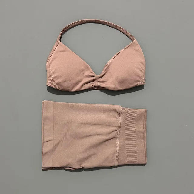 HISTELLO Gym Set 2 Piece Women Strappy Yoga Bra Top Workout Scrunch Shorts Sports Suit Fitness Clothes Seamless Yoga Set 6
