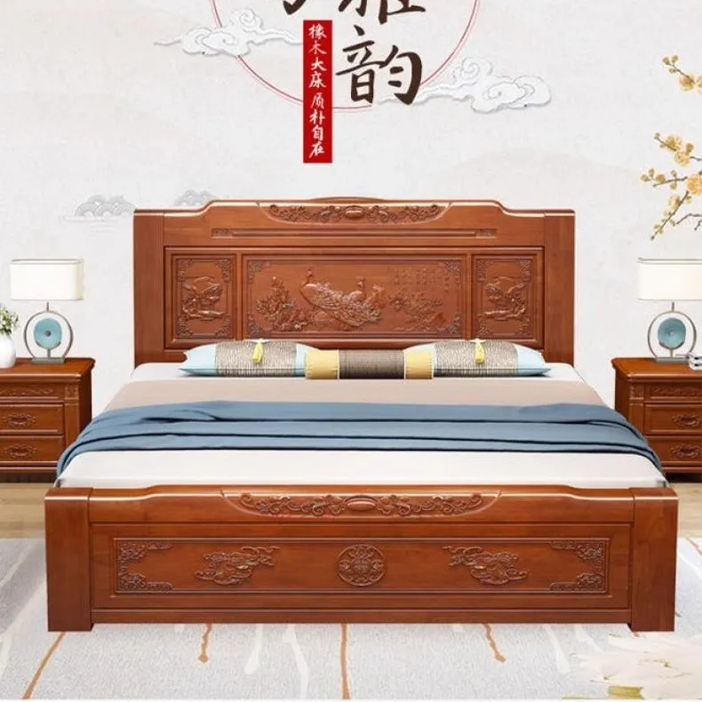 

Chinese solid wood bedside double carved high box storage bed 1.5 meters 1.8 meters e****mical master bedroom antique furniture