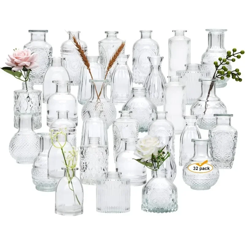 Glass Bud Vases Set of 32,Small Flower Vases for Wedding Centerpiece Table Decorations,Clear Vintage Embossed Mini Vases