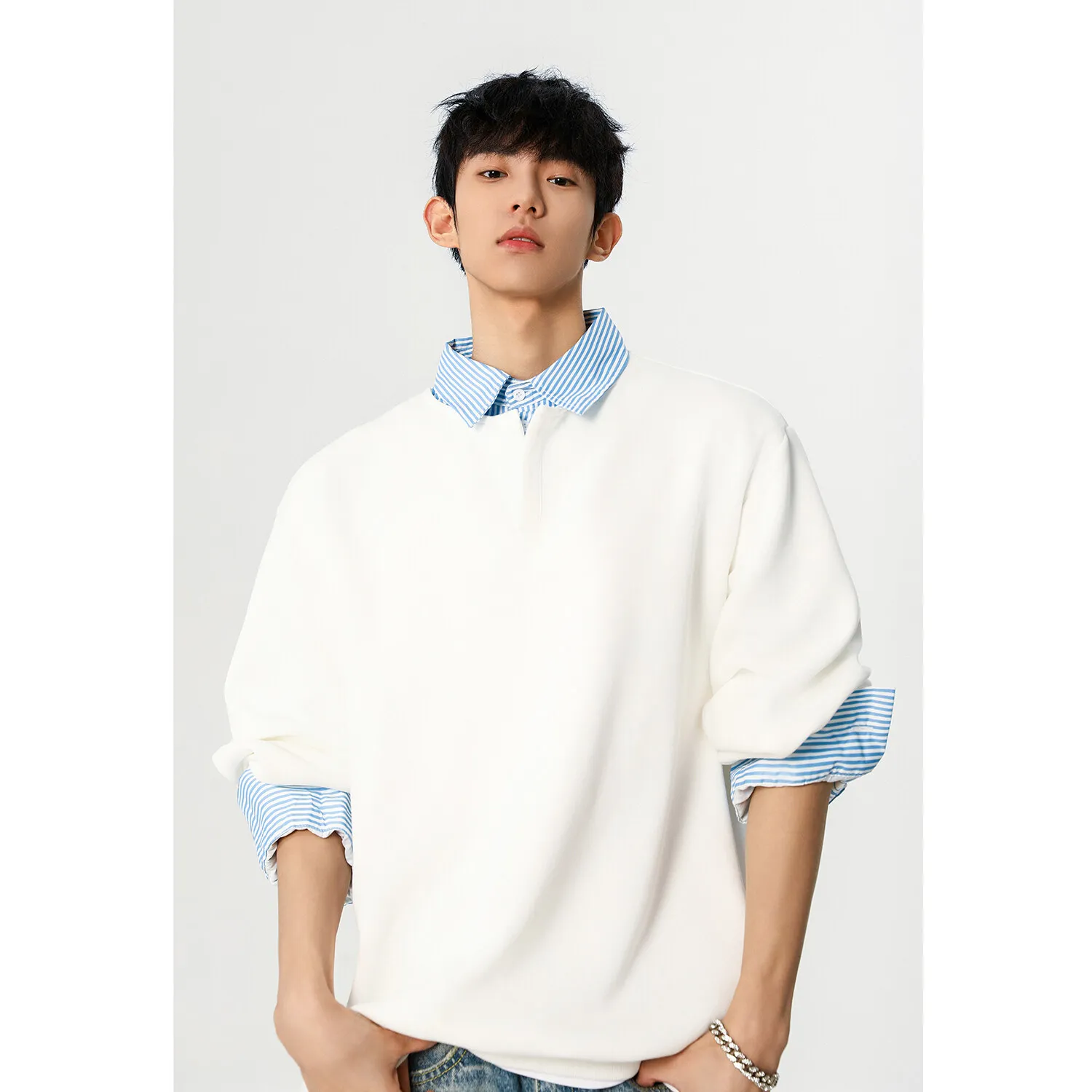 Layered-look Sweater with  Sewn-in Shirt Collar Spring Men Loose Casual Long Sleeve T-Shirt Daily Versatile Base Layer