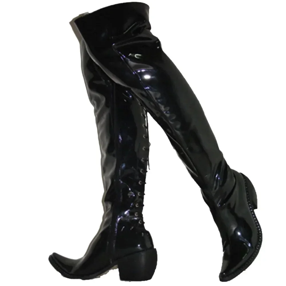 Retro Sexy Patent Leather Equestrian Boots For Men Steel Pipe Platform Cowboy Shoes Pointed toe Over-the-Knee Boots Show White