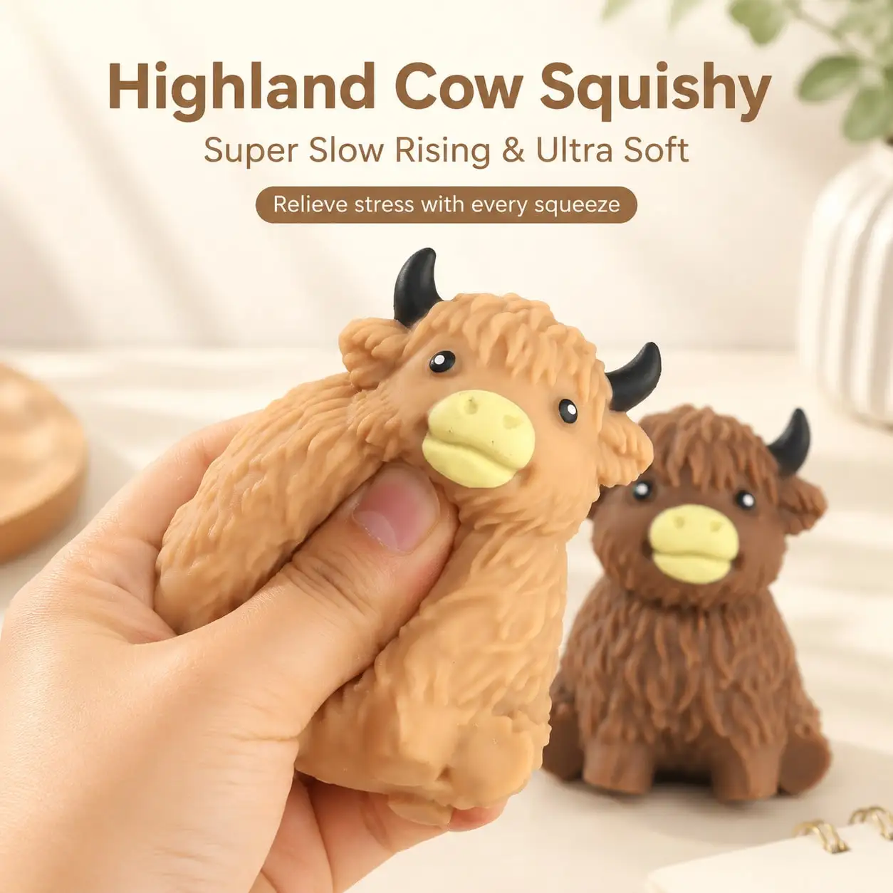 Cute Highland Cow Squeeze Toy,Soft Slow Rebound Stress Relief Toy, Japanese Animal Theme Anti-Anxiety Sensory Toy, Hand-Held Toy Suitable For Home, Office, School, Dorm, Travel, Perfect Birthday Holiday Party Gift For Kids And Adults, Novel Relaxation Toy