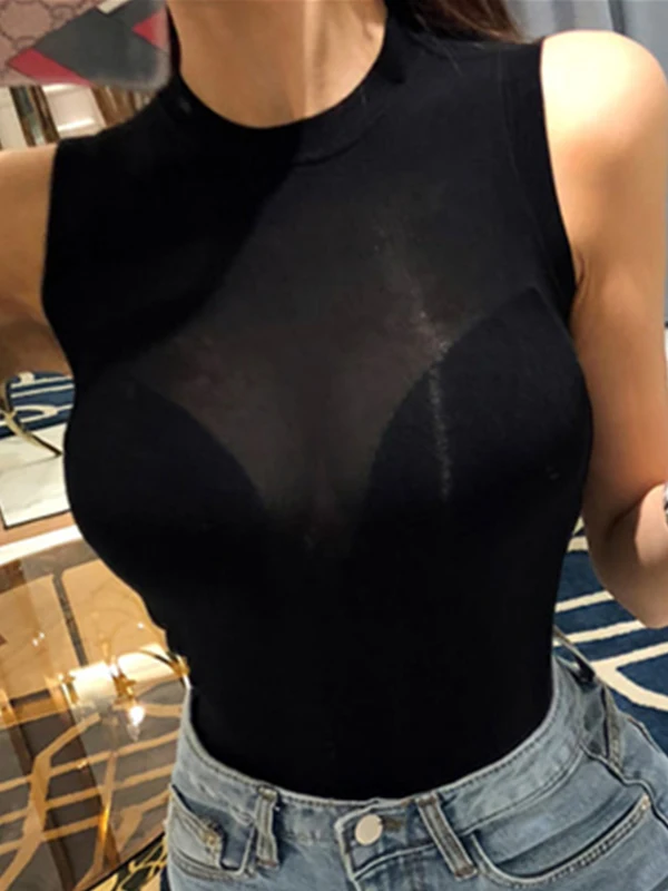 Sexy  Pink Micro-Transparent Women's Vest Base Shirt Sweet Style Slim Fit Hanging Neck Type Pure Color Polyurethane Elas...
