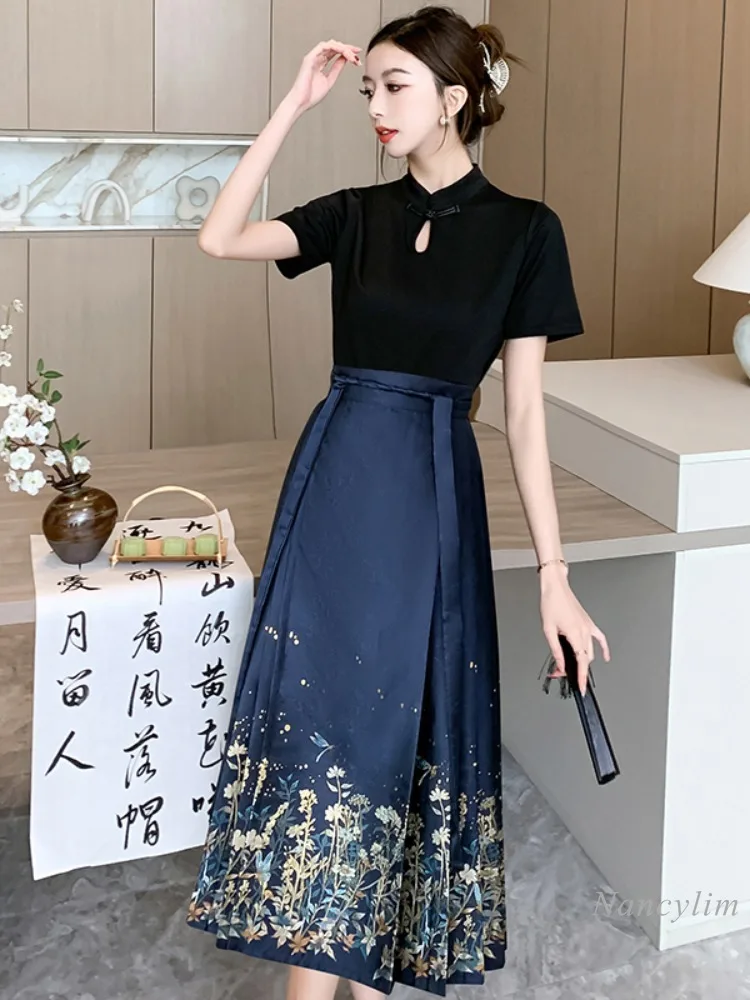 New Chinese Style Horse-Face Skirt Suit Women's 2024 Summer Two Piece Suits New Small Daily Improved Hanfu Black Tshirt Skirts