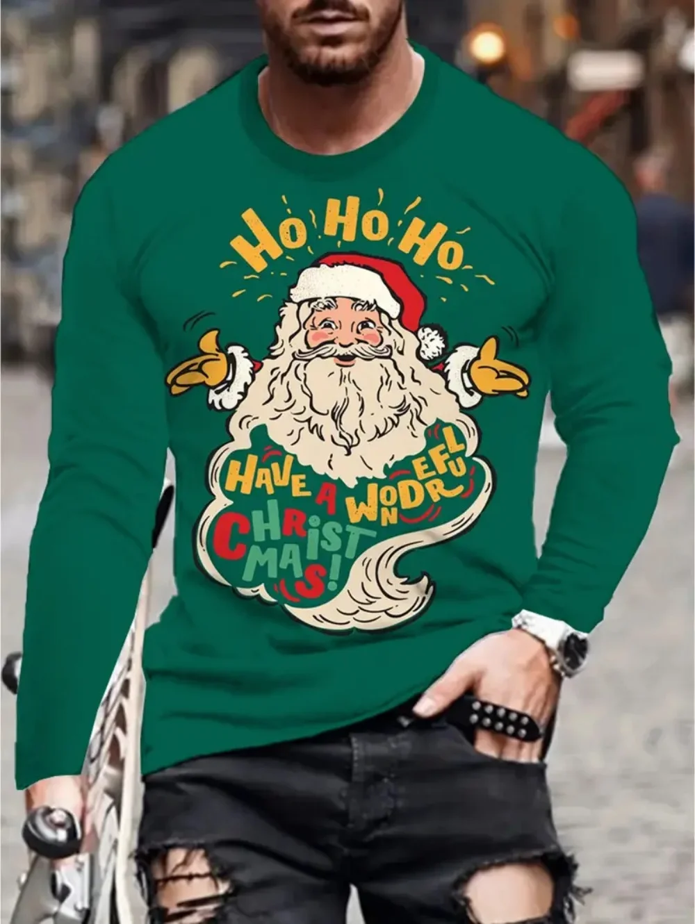 تي شيرت للرجل عيد الميلاد سانتا كلوز ثلاثية الأبعاد طباعة الرجال عادية كم طويل تي شيرت البلوز طاقم الرقبة Y2k بلايز الخريف ملابس للرجال #2