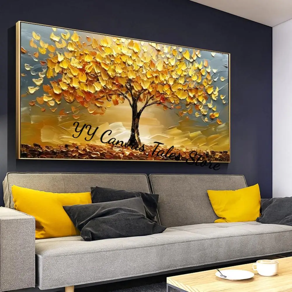 1pc frameless Canvas Painting Abstract Golden Tree Prints  Painting on Canvas  Modern Yellow Life Tree Wall Art Lucky Money Tree