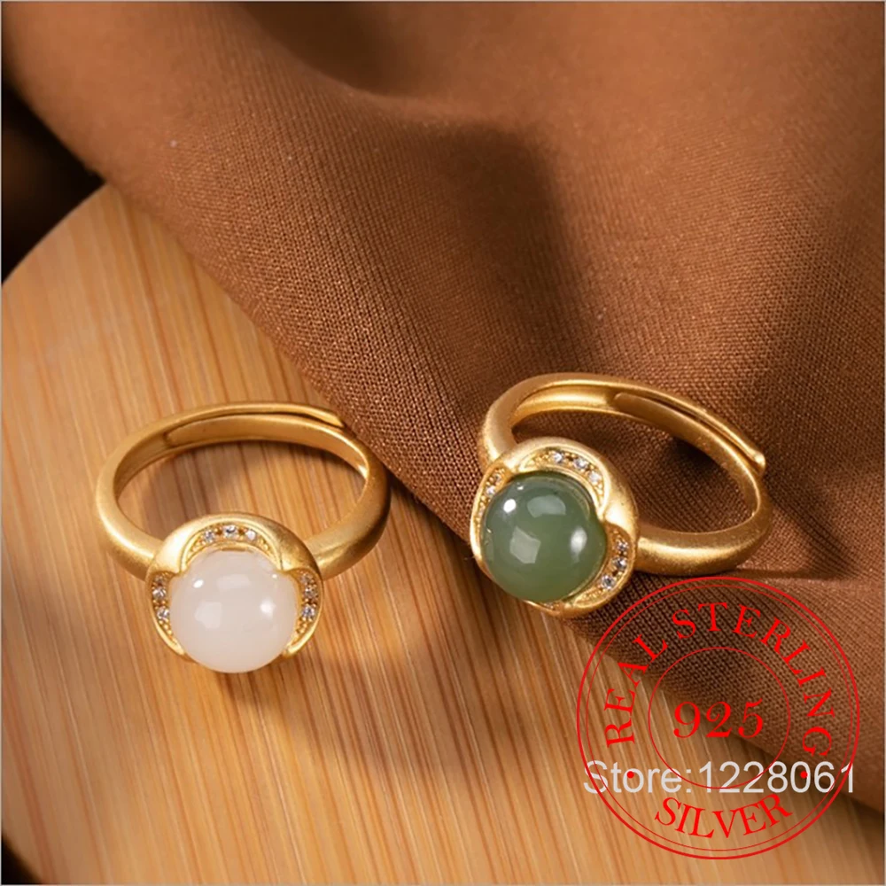 925 Sterling Silver Jewelry 18K Gold Plated Natural Jade Plants Finger Rings for Women Wedding Party Jewelry For Friend Gift