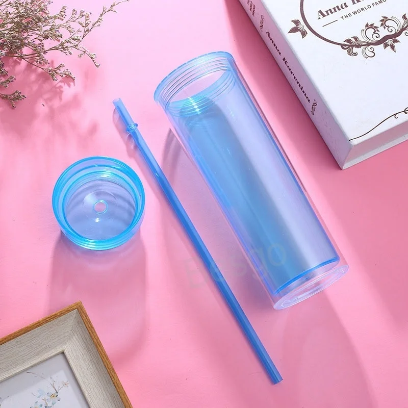 450ml Double Layer Plastic Cup Transparent Drinks Milk Tea Mug Summer Sports Straw Cups Colorful Outdoor Travel Water Mugs