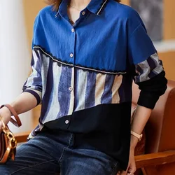 2024 Spring Autumn New Contrasting Colors Printing Spliced Shirt Fashion Vintage Loose Long Sleeve Ladies Midi Button Blouses