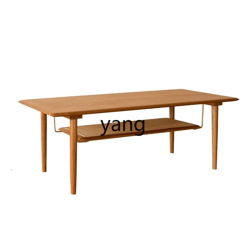 LMMcoffee table solid wood edge few rattan cherry wood Japanese double-layer storage low table living room home