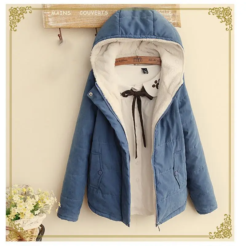 

Short Padded Cotton Jacket with Fleece Lining for Women, Autumn and Winter, Literary and Simple Style, Student Cotton Coat