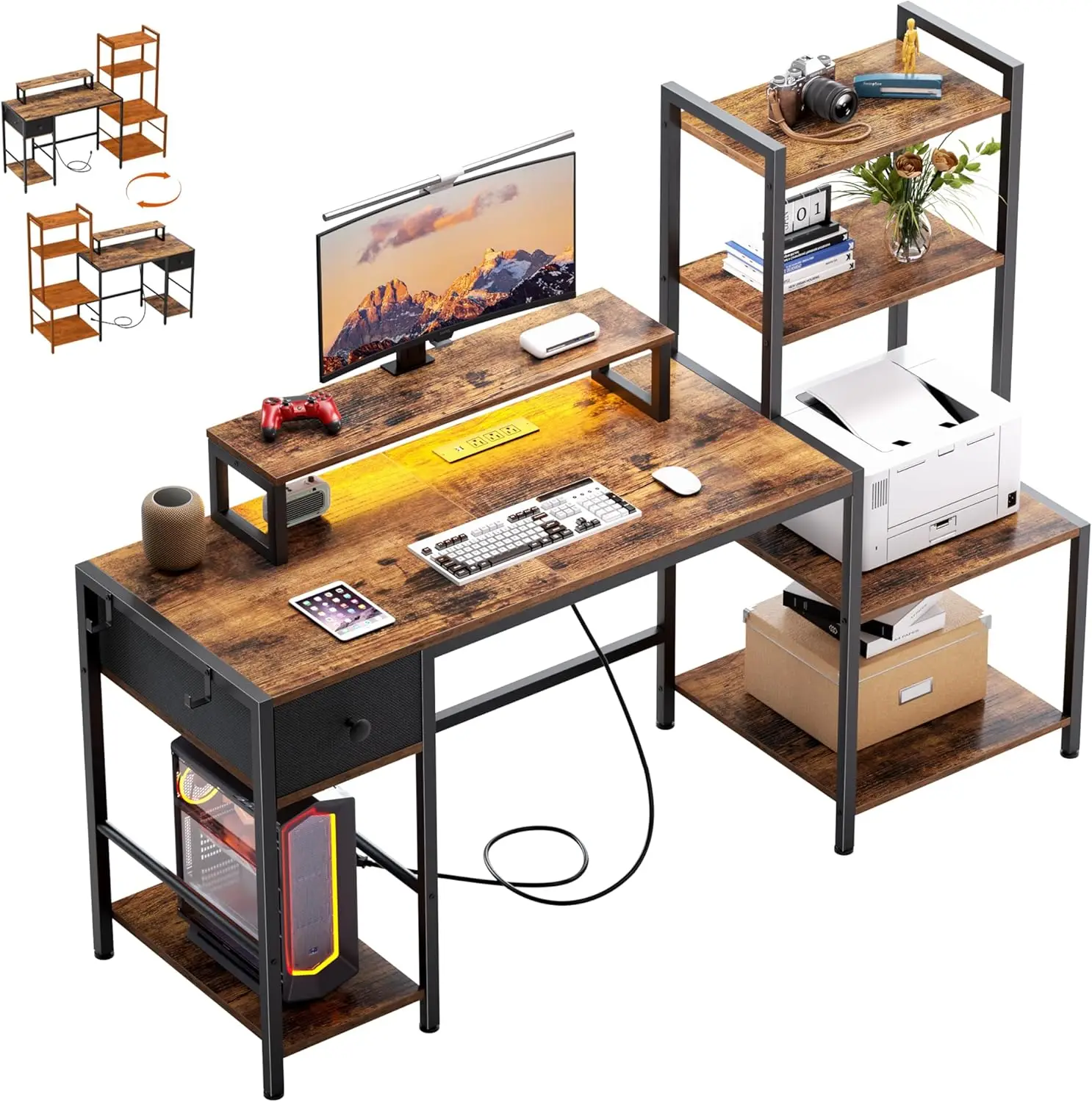 

Computer Desk With Printer Stand, 59"" Office Table With Charging Station, Home Office Desk With Led And Monitor Stand,