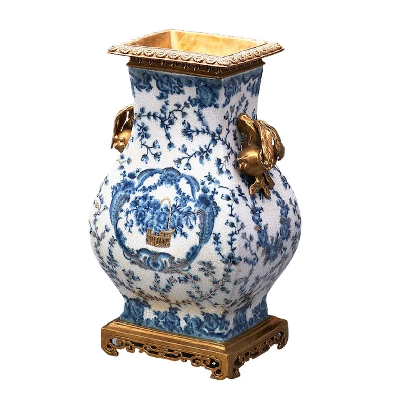 Antique carved brass storage jug with lid, interior art, blue