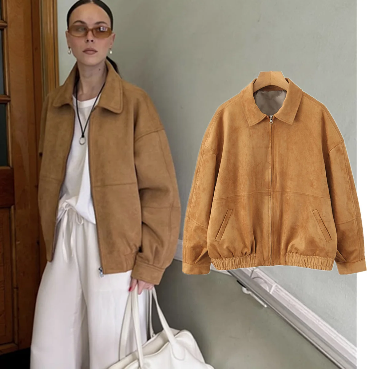 

Maxdutti Minimalist French Vintage Fashion Suede Bomber Jacket Boyfriend Style Loose Jacket Zippers Women's Jacket Woman Clothes