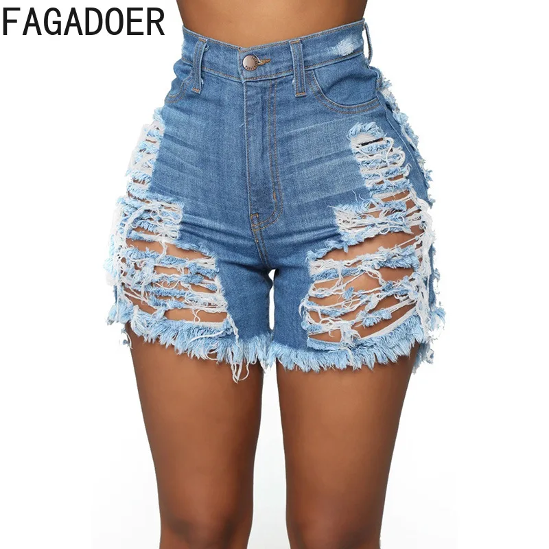 

FAGADOER Blue Vintage Fashion Hole Hollow Denim Shorts Women High Waisted Button Skinny Jean Sexy Female Solid Cowboy Bottoms