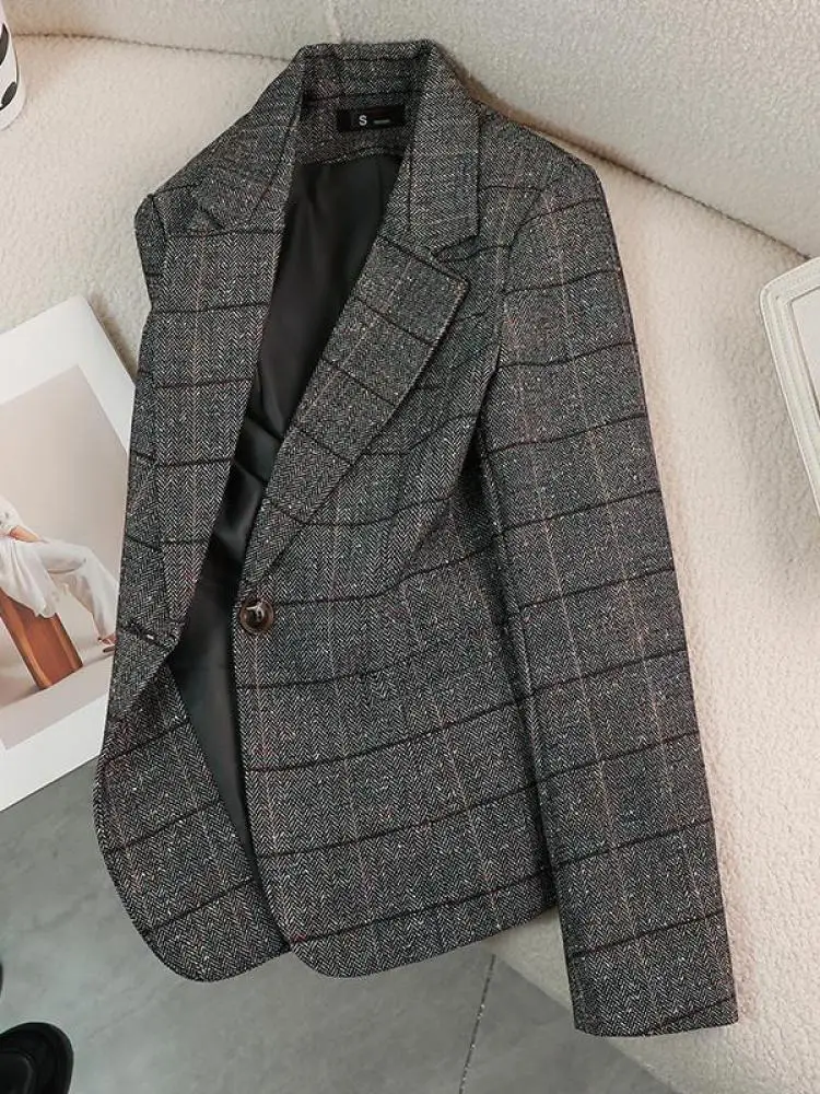 

Vintage Women Gray Striped One Button Casual Blazer Autumn Winter Brown Elegant Slim Professional Workwear Cardigan Top Coat New