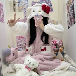 2024 New Hello Kitty Pajamas Women'S Autumn And Winter Coral Velvet Thickened Bathrobe Cute Winter Nightgown Long Women'S Suit