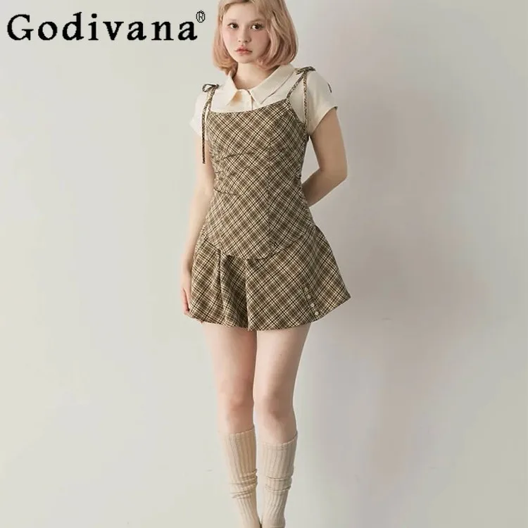 

Japanese Style Sweet Plaid Skirt Shirt Vest 3-Piece Set Summer New 2025 Girls Women Slim Fit Fashion Outfits Matching Sets