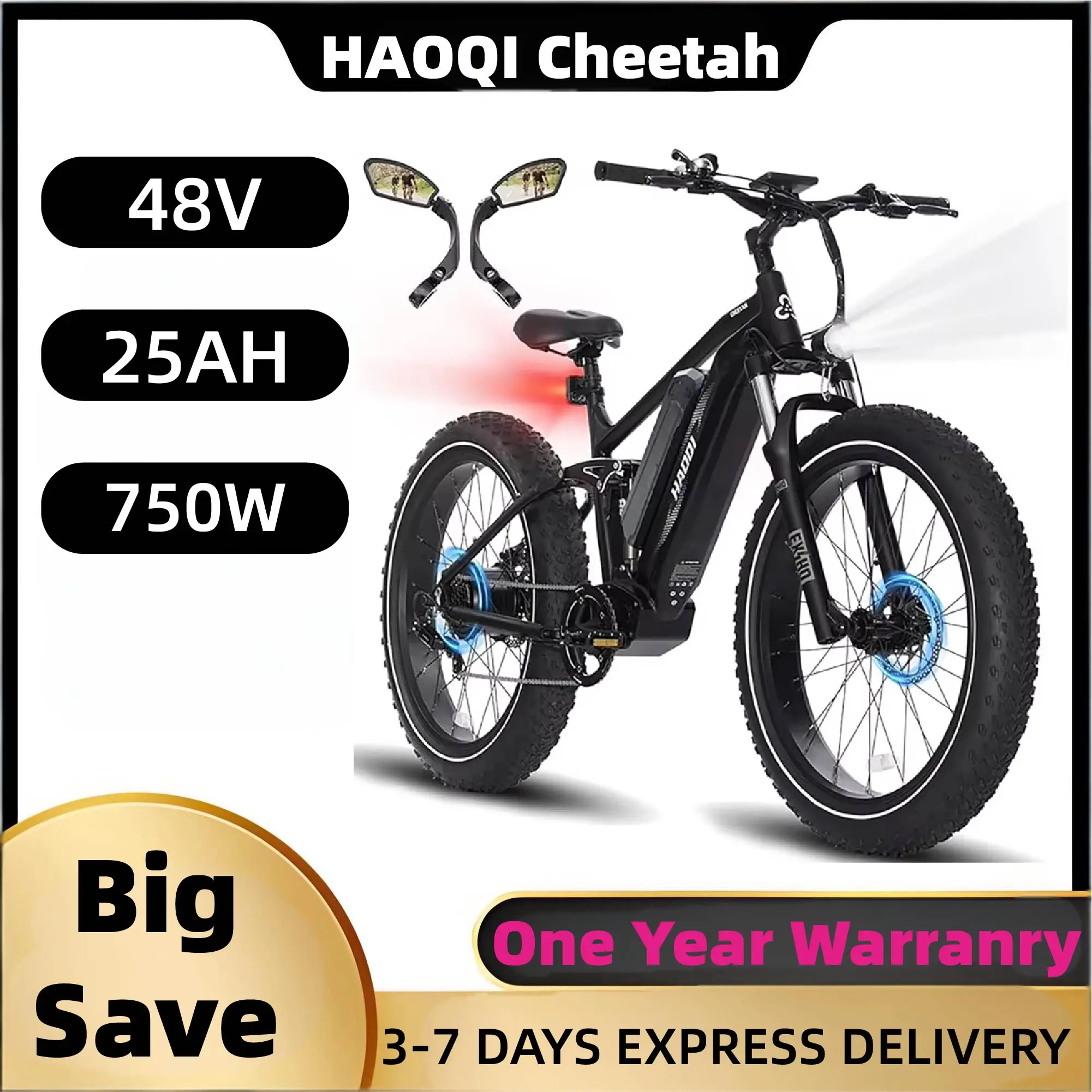 HAOQI الفهد الكبار E-الدراجة 750 واط 48V25Ah بطارية التنقل دراجة كهربائية ، 26 بوصة الدهون الإطارات E-الدراجة الجبلية